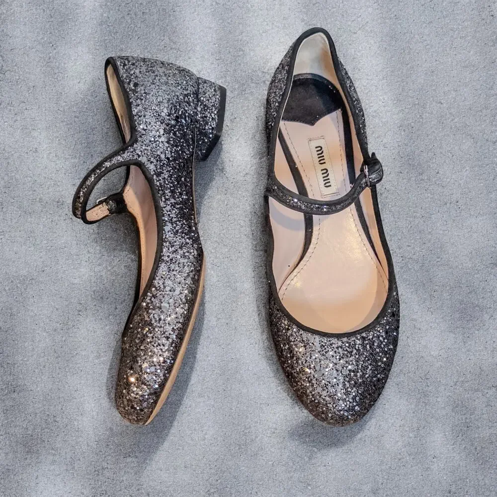 Miu Miu Glitter Mary Jane Low Heel Pumps EU 36 Silver Gray Made in Italy